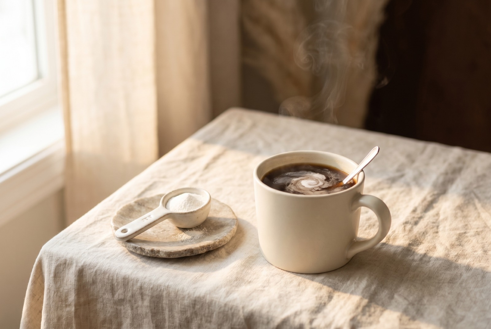 Poeder lost al roerend op in een kop koffie